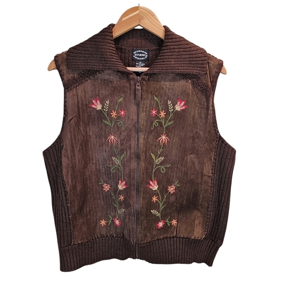 Vintage Brown Suede Embroidered Floral Vest Women's Size Medium Ribbed Knit 90s - Picture 1 of 11